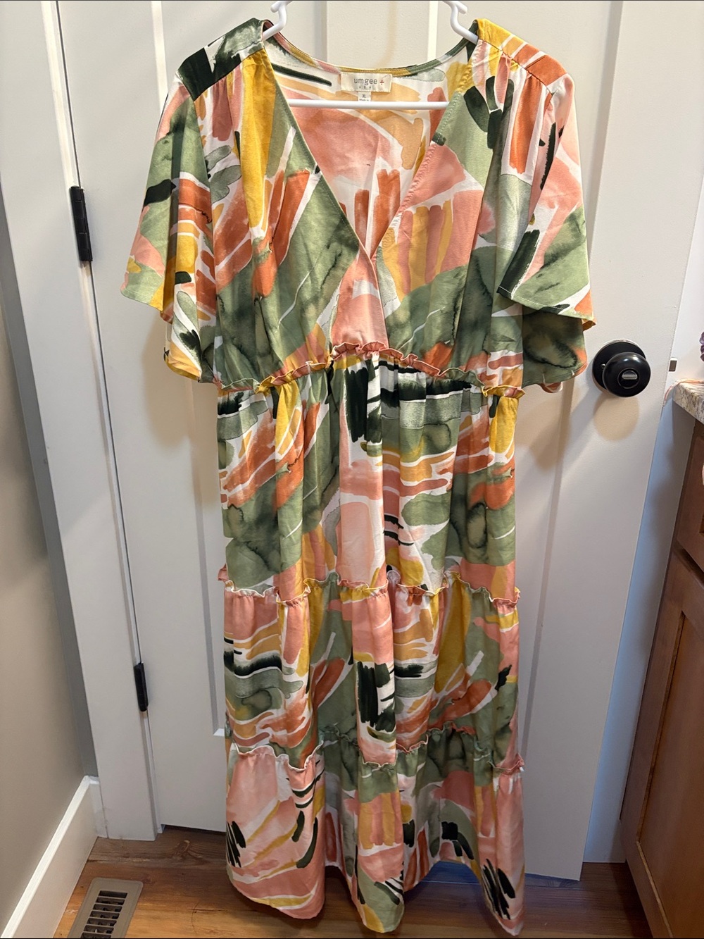 Umgee Colorful Abstract Tiered Maxi Dress - Green, Pink, Yellow